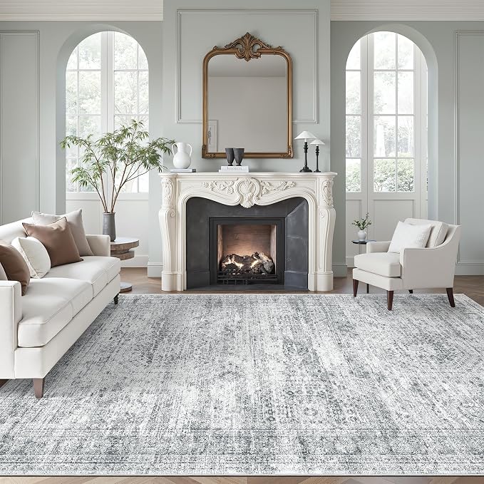 Soalmost 9x12 Area Rugs for Living Room Washable Rug Non-Slip Grey | Large Vintage Stain Resistant Carpet for Dining Bedroom, Low Pile Lightweight Foldable Floor Mat Nursery Home Office Decor