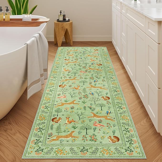 DUKINO 2x6 Runner Rug, Washable Animal Kitchen Rugs Non Slip, Light Green | Soft, Low Pile, Stain Resistant Indoor Carpet for Hallway, Entryway, Bedroom, Bathroom, Laundry,Pet Friendly, Lightweight