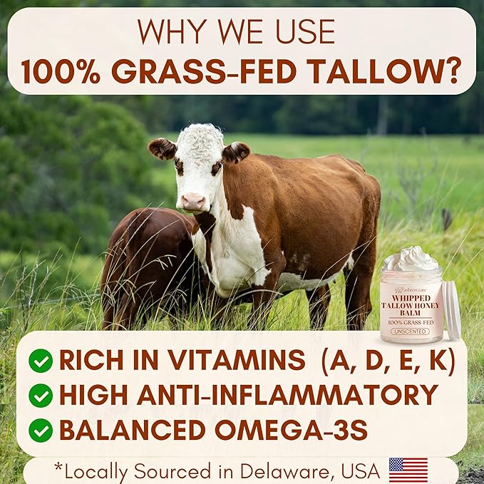 Whipped Tallow and Honey Balm - 4 OZ (Unscented) | 100% Grass Fed Beef Tallow with Jojoba & Infused Calendula | Natural Face Moisturizer for Dry & Sensitive Skin | Handmade in USA