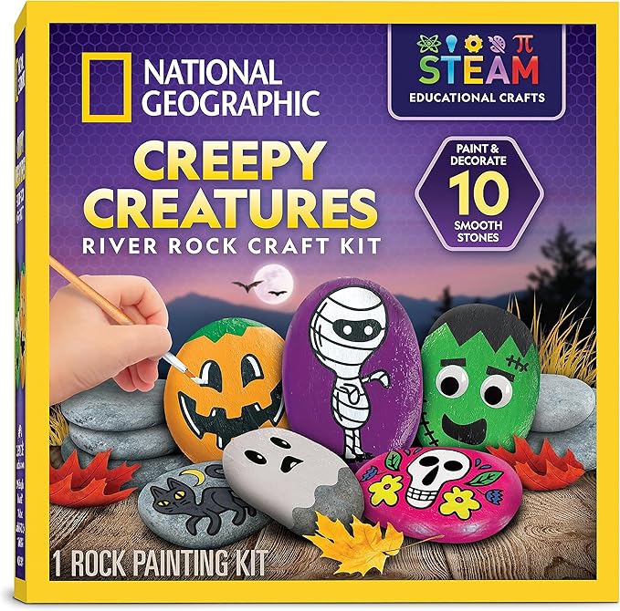 NATIONAL GEOGRAPHIC Creepy Creatures Rock Painting Kit - Halloween Arts & Crafts Kit for Kids, Decorate 10 River Rocks with 10 Paint Colors & More Spooky Art Supplies, Halloween Gifts for Kids