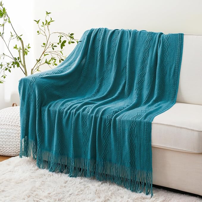 BATTILO HOME Teal Blue Throw Blanket for Couch, 50"x60" | Decorative Teal Throw for Sofa Bed Room, Boho Throw Blanket for Home Decor