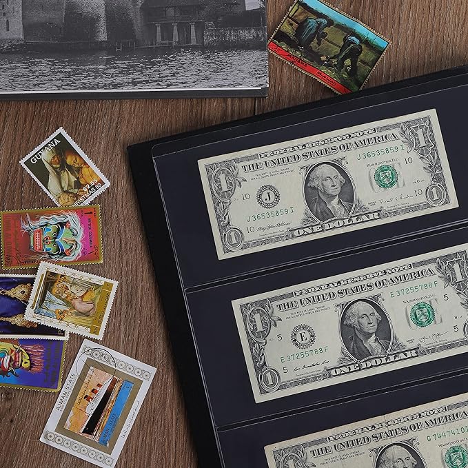 60 Pockets Currency Album - Banknotes Collecting Holder Leatherette Hard Cover Storage Book with Protective Case for Paper Folding Money Dollars Bills Trading Cards Stamps Collection AN01BK