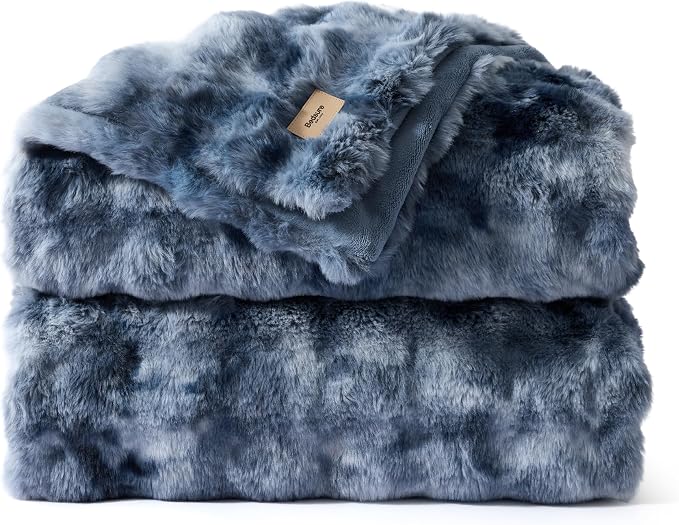 Bedsure GentleSoft Bubble Faux Fur Blankets Queen Size, Fluffy Fuzzy Queen Blanket for Bed, Soft Cozy Faux Fur Bedding for Winter, Thick Warm Plush Bed Cover, Tie-dye Blue, 90x90