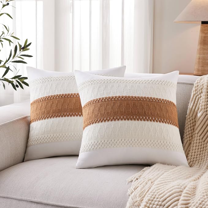2pk Boho Pillow Covers 16x16, Natural White/Contrast/Caramel | 100% Organic Cotton Body, Stripe Embroidery, Farmhouse Decorative Cushion Covers for Sofa Bed Living Room Home Decor