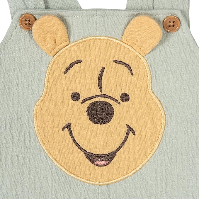 Disney Winnie the Pooh Baby Short Overalls, T-Shirt & Hat 3 Piece Outfit Set Newborn to Infant Sizes (0-24 Months)