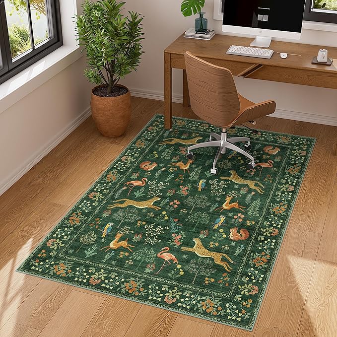 DUKINO 3x4 Rug, Washable Animal Area Rug for Entryway Non Slip, Green | Soft, Low Pile, Stain Resistant Indoor Carpet Runner for Entryway, Kitchen, Bedroom, Bathroom, Pet Friendly, Home Decor