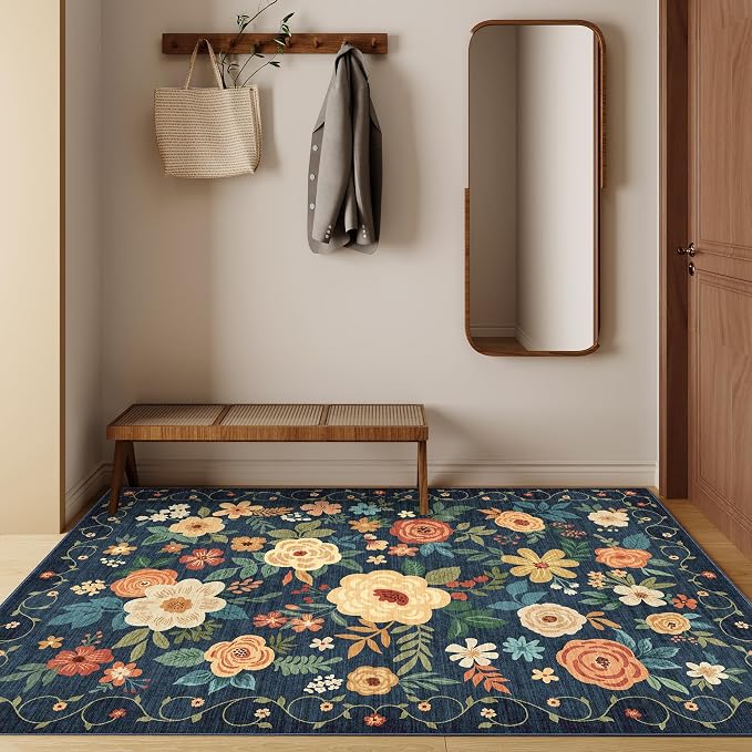 DUKINO 4x6 Area Rug, Floral Washable Office Chair Rug Non Slip, Navy Blue | Low Pile, Stain Resistant, Soft Indoor Rug for Bedroom, Living Room, Dining Room, Kids Room, Pet Friendly, Modern Home Decor