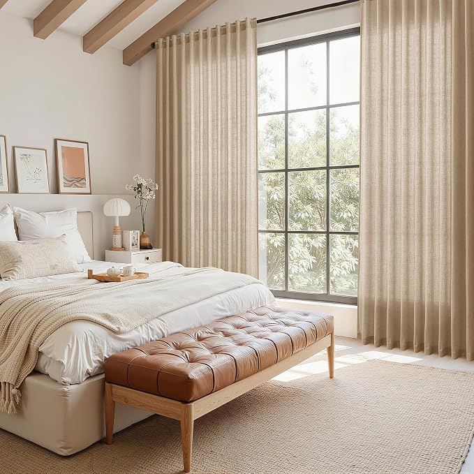 Nanspring Sand Beige Curtains 72 Inch Length for Living Room Burlap Linen Textured Light Filtering Semi Sheer Curtains Back Tab Privacy Luxury Simple Modern Curtain for Bedroom 52x72, 2 Panels