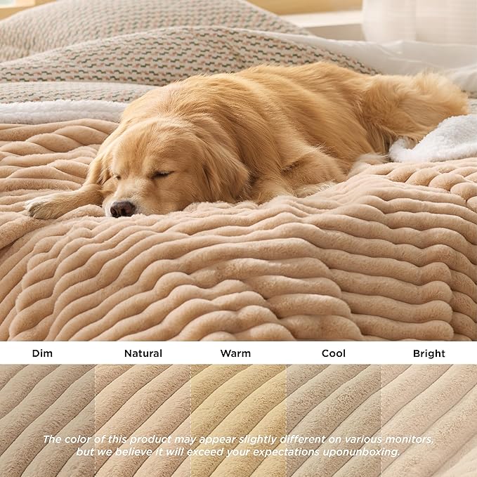 Bedsure ComfyFleece™ Waterproof Dog Blankets for Large Dogs - Soft Pet Cat Blanket Corduroy Fleece for Couch Bed Protector Washable, Cozy Calming Reversible Furniture Protection,50"x60", Tuscan Beige