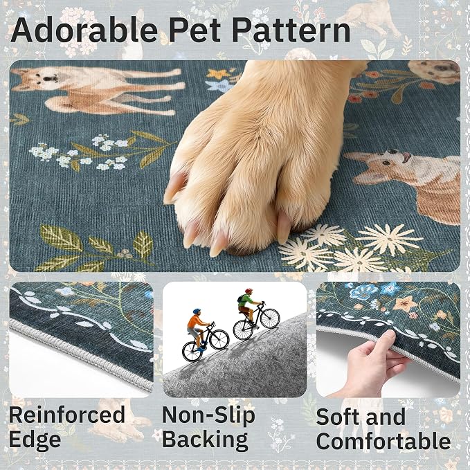 Soalmost 2x3 Dog Rugs for Entryway, Washable Door Mat Soft Rug Navy Blue | Floral Small Cute Animal Area Rug Non-Slip Low Pile Throw Rugs for Entrance Kitchen Indoor Front Door Kids Room 2' x 3'