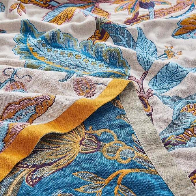 Boho Throw Blanket for Bed 100% Cotton Bohemian Blankets Ultra Soft Woven Muslin Decorative Blankets All Seasons Vintage Quilt Knitted Blanket for Sofa Chair(Beige, 50"x60")