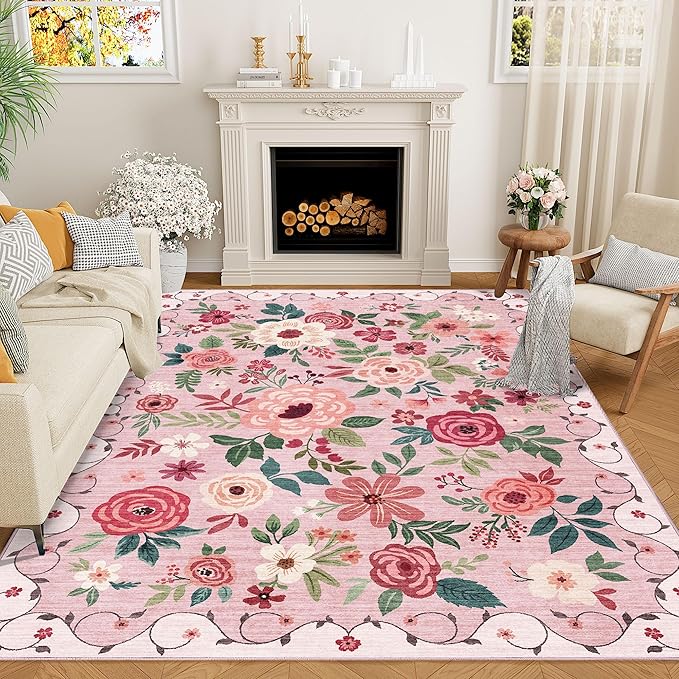 DUKINO 6x9 Area Rugs, Floral Washable Rug for Bedroom Non Slip, Pink | Soft, Low Pile, Large Indoor Rug for Living Room, Dining Room, Kids Room, Office, Pet Friendly, Home Decor, Stain Resistant