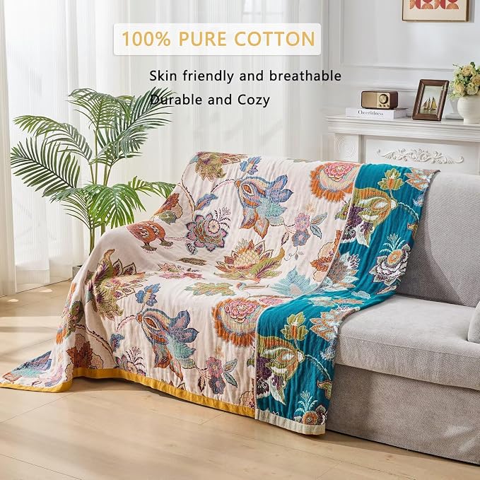 Boho Throw Blanket Farmhouse Decor Throw Blanket Bohemian Blanket for Bed 100% Cotton Muslin Woven Couch Blanket All Seasons Quilt Bedroom (B-Beige, 50"x60")
