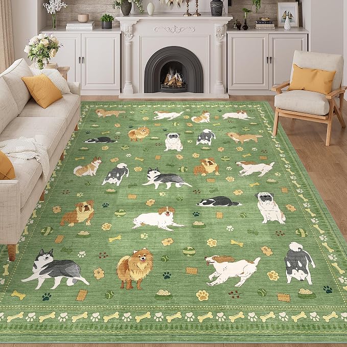 DUKINO 8x10 Area Rug, Washable Dog Rugs for Living Room Soft, Green | Non Slip, Low Pile, Non-Shedding, Stain Resistant Animal Carpet for Bedroom Dining Room Nursery Farmhouse, Pet & Kid Friendly