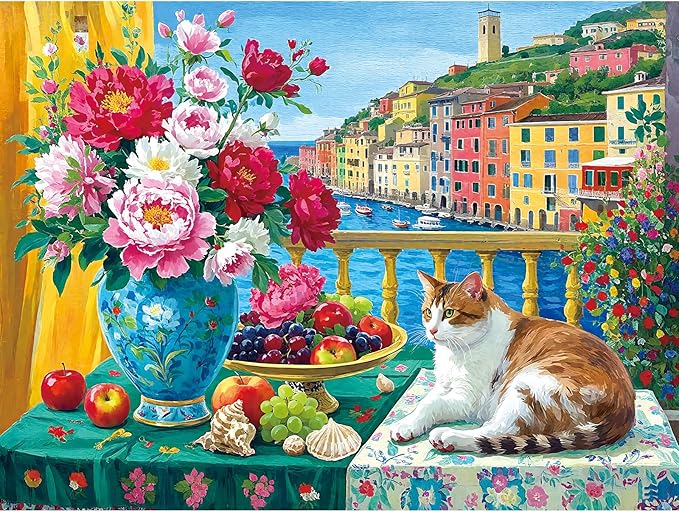Cinque Terre Balcony Cat 300 Piece Puzzle for Adults, Fun Spring Puzzles for Adults 300 Pieces with HD Print & Poster, 17"x11" Dust Free, for Gifts Halloween Christmas Family Games Lovers