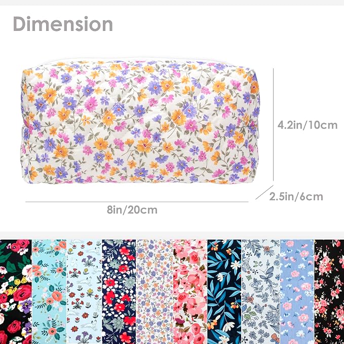 PAZIMIIK Small Quilted Makeup Bag,Zipper Cosmetic Pouch,Ditsy Floral,6 Pack | Lightweight Cosmetic Bag Organizer for Women,Purse Storage Holds Makeup,Toiletries,Skincare,Beauty Essentials,Travel Items