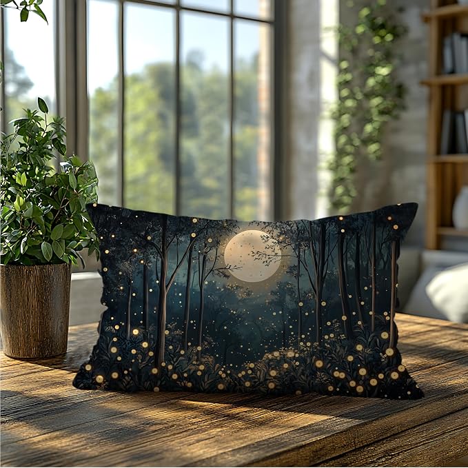 Rustic William Morris Inspired Gold Moon Pillow Covers 20x12,Vintage Black and Gold Forest Moon Botanical Nature Landscape Decorative Throw Pillow Covers for Home Bedroom Living Room