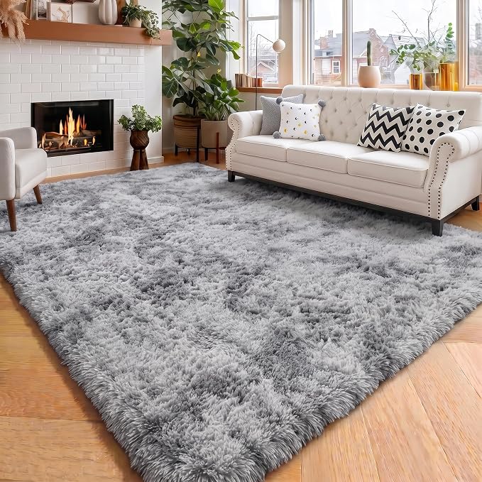 Amdrebio Tie-Dyed Light Grey Fluffy Large Rug 6x9 for Living Room Bedroom | Plush Shaggy Furry Fuzzy Shag Kids Carpet, Nursery Classroom Playroom Men Cave Apartment Home Decor, Cool Farmhouse Aesthetic