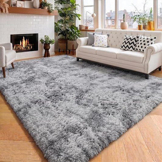 Amdrebio Tie-Dyed Light Grey Fluffy Area Rug 4x6 for Bedroom Dorm Classroom | Plush Shaggy Furry Fuzzy Shag Kids Boys Carpet, Nursery Playroom Office Men Cave Living Room Decor, Cool Farmhouse Aesthetic