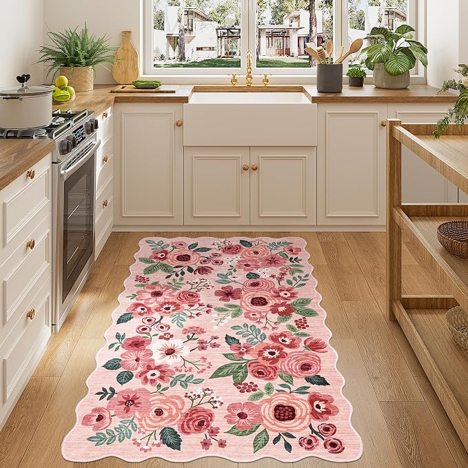 DUKINO 3x5 Area Rugs, Non Slip Floral Washable Rug for Bedroom, Pink | Soft, Low Pile, Non-Shedding Throw Rugs for Living Room, Entryway, Kitchen, Kids Room, Pet Friendly, Home Decor, Lightweight