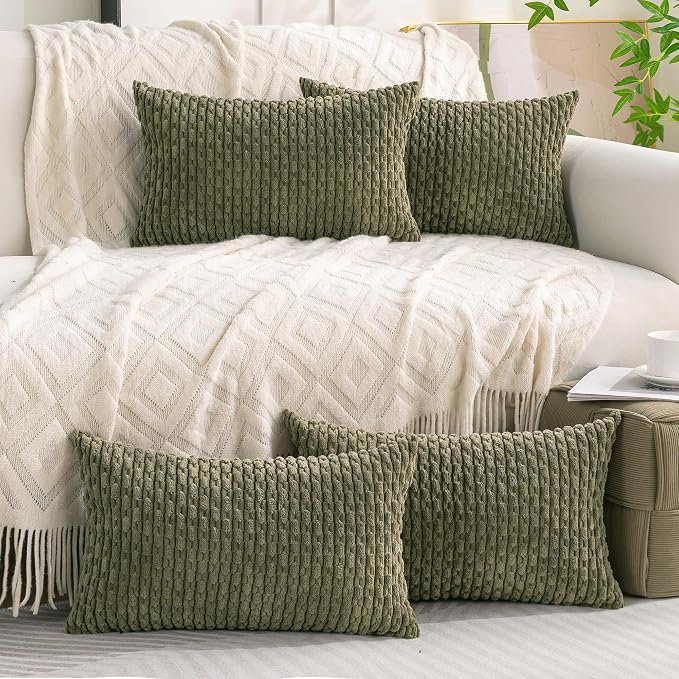 Set of 4 Olive Green Decorative Throw Pillow Covers 12x20 Inch Corduroy Pillow Covers for Bed Couch Sofa Living Room Soft Cushion Cases