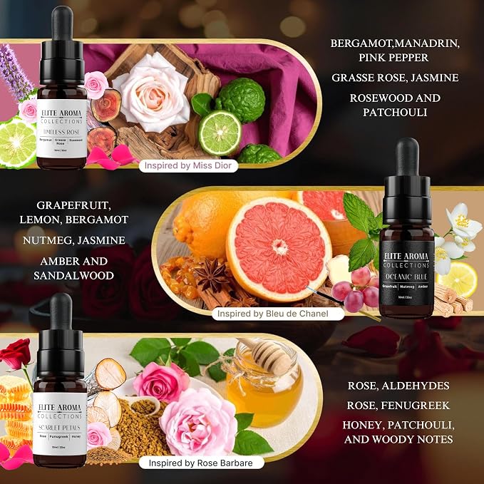 High end Floral & Fresh Hotel's and Cologne's -Inspired Essential Oils Elite Romance Set(3-Pack, 0.33 Fl Oz) – Oceanic Blue, Scarlet Petals & Timeless Rose – Scents for Diffusers & Aromatherapy