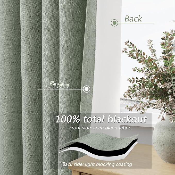 Guken Desert Sage 100% Blackout Linen Curtains 108 Inch Length 2 Panels Set for Living Room Bedroom Back Tab Thermal Insulated Black Out Drapes Room Darkening Window Curtains 108 Inches Long