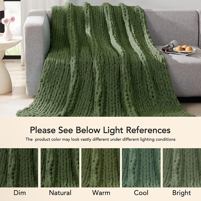 L'AGRATY Chunky Knit Throw Blanket for Couch, 50 x 60 Inches, Moss Green | Handmade Chenille Crochet Blanket for Sofa Bed, Thick Cable Knitted Blankets for Room Home Decor, Birthday Gift for Women Mom