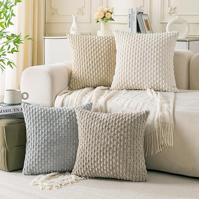 Set of 4 Neutral Decorative Throw Pillow Covers 24x24 Inch Corduroy Pillow Covers for Bed Couch Sofa Living Room Soft Square Cushion Cases