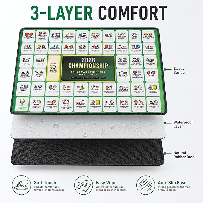 Soccer Drinking Board Game Mat - 13.78 x 19.69 Inch Rubber Waterproof Mat, 50 Party Theme Games for 2-8 Players, Anti-Slip Game Mat with Storage Bag, Chess Pieces Dice Included