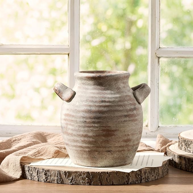 Vanselia Ceramic Flower Vase Home Decor - Farmhouse Table Vases with Handle Living Room Decoration Vintage Decorative Aesthetic for Shelf Coffee Dining Desk House Bookshelf Fireplace (6" Rustic)