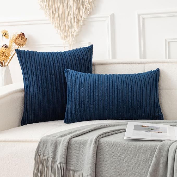 UGASA Striped Textured Velvet Corduroy Pillow Covers Decorative Europe Sham Throw Pillow Cushion Cover for Couch, 1 Pc, (61x61 cm, 24inch), Navy Blue