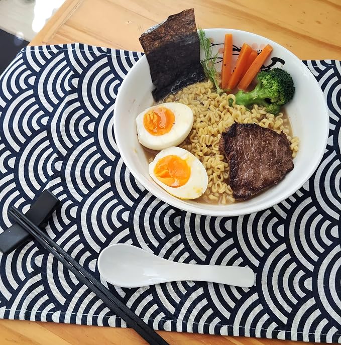 4 Ramen Bowls, 12 pieces Pho set. Gray White Asian Japanese soup. Utensil: Spoons And Chopsticks kit. Melamine. Large 37 oz. Noodles, Rice, Udon, Thai, Chinese, Korean, Wonton, Miso.