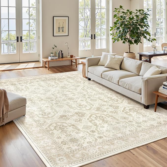 Soalmost 5x7 Area Rug Low Pile Washable Trendy Faded Style Rug, Beige/Brown | Vintage Non-Slip Indoor Accent for Bedroom Dining, Foldable Stain Resistant Floor Carpet Mat Under Table Home Office Decor