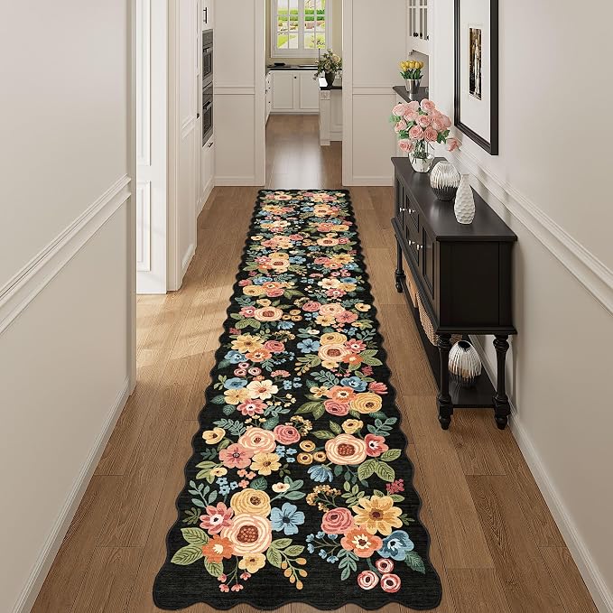 DUKINO 2x12 Washable Runner Rug, Floral Long Runner Rug for Hallway, Black | Non Slip, Low Pile, Soft Throw Rug Runner for Kitchen, Entryway, Bedroom, Bathroom, Pet Friendly, Home Decor, Non-Shedding