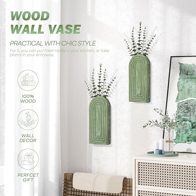 EOSAHR Wall Vase for Flower: Wall Planter Holder for Boho Wall Decor, Green | 2Pcs, Pine Wood, 3D Embossed Lines, Round Corner Design, for Both Wall & Desktop, Green Wall Decor, Wall Art for Bedroom