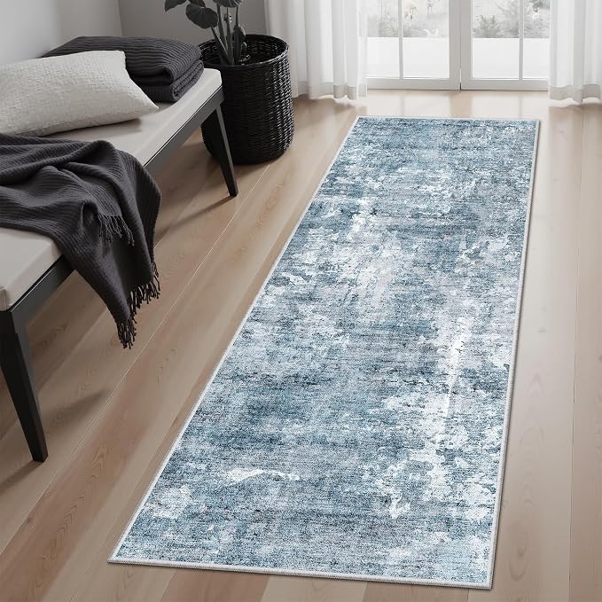 Soalmost Abstratc Runner Rug 2x6 Washable Kitchen Hallway Runners Blue/Grey | Non-Slip Low-Pile Rugs for Entry Bathroom Laundry Room, Vintage Foldable Floor Carpet Mat Entryway for Corridor Bedroom