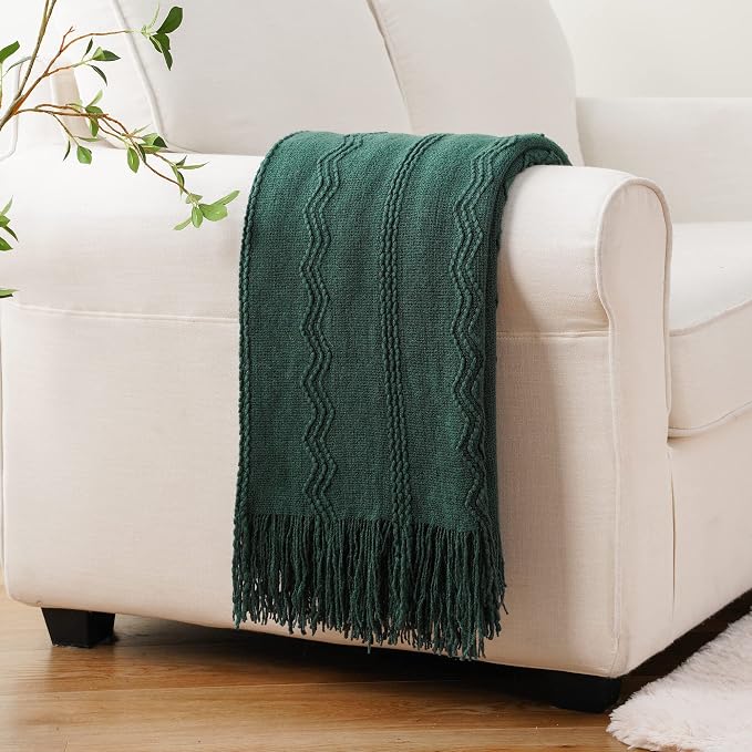 BATTILO HOME Christmas Décor Green Throw Blanket for Couch, 50"x60" | Boho Knit Bed Throws, Dark Green Throw Blanket for Home Decor