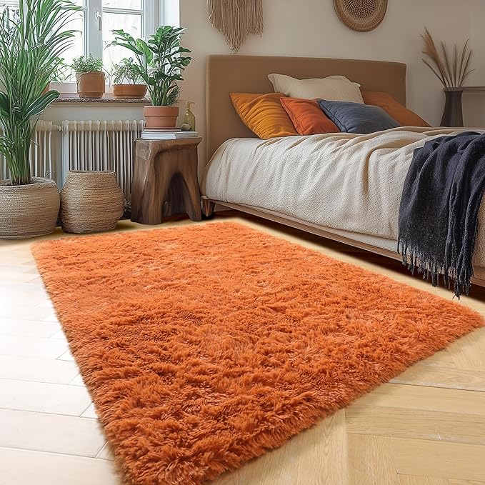 Amdrebio Burnt Orange Fluffy Shag Rust Small Area Rug 3x5 for Bedroom Dorm | Fuzzy Plush Shaggy Thick Carpet, Classroom Nursery Playroom Living Room Decor, Rustic Style, Baby Kids Corner, Dark Orange