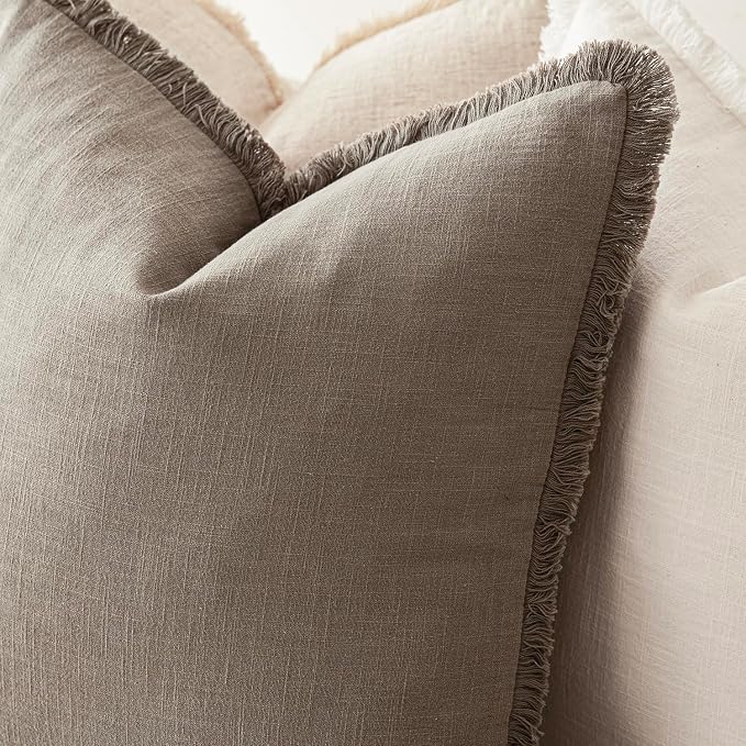 Foindtower Set of 2 Decorative Linen Fringe Throw Pillow Covers Boho Farmhouse Cushion Cover with Tassels Soft Accent Pillowcase for Couch Chair Sofa Bed Living Room Home Decor,18×18 Inch,Brown Tan