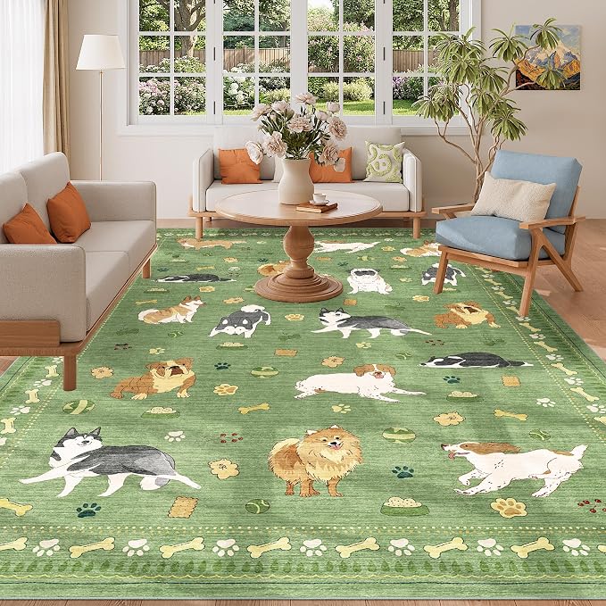 DUKINO 6x9 Washable Dog Area Rug for Living Room Non Slip, Green | Non-Shedding, Stain Resistant, Soft Animal Carpet for Bedroom Kids Playroom Nursery Dining Room Farmhouse, Pet & Kid Friendly