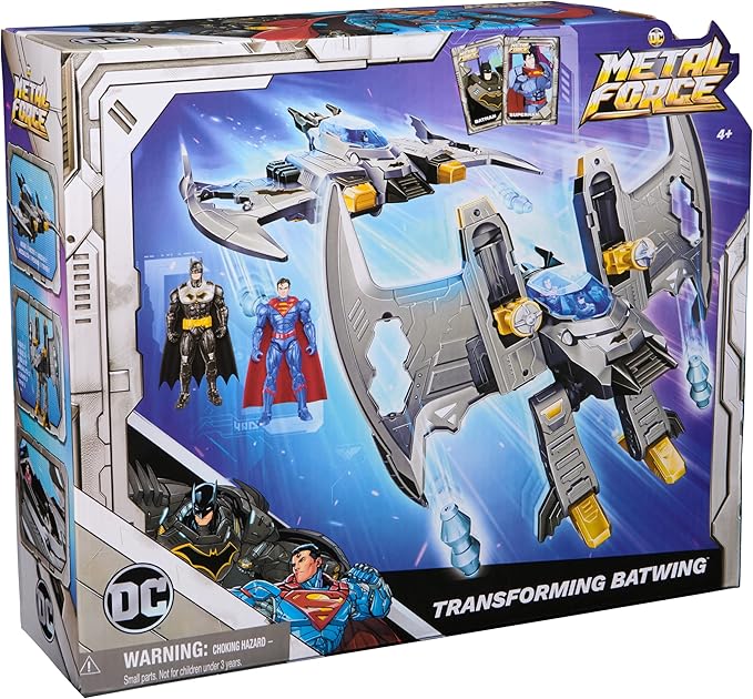 DC Comics, Metal Force Transforming Batwing, 2-in-1 Playset, Includes Batman and Superman Figures, with Projectiles and Character Cards, Kids Toy for Boys Ages 4 and Up