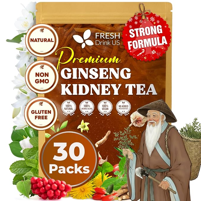 FreshDrinkUS, Ginseng Kidney Tea – 30 Packs of Herbal Detox & Vitality Support | 100% Natural Roots & Berries | Caffeine-Free | Adaptogenic Blend for Energy, Kidney Health, and Wellness