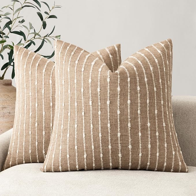Foindtower Pack of 2 Decorative Jacquard Boucle Throw Pillow Covers Accent Textured Striped Pillowcases Soft Cozy Boho Modern Cushion for Couch Sofa Bedroom Living Room Home Decor 20x20 Inch Camel