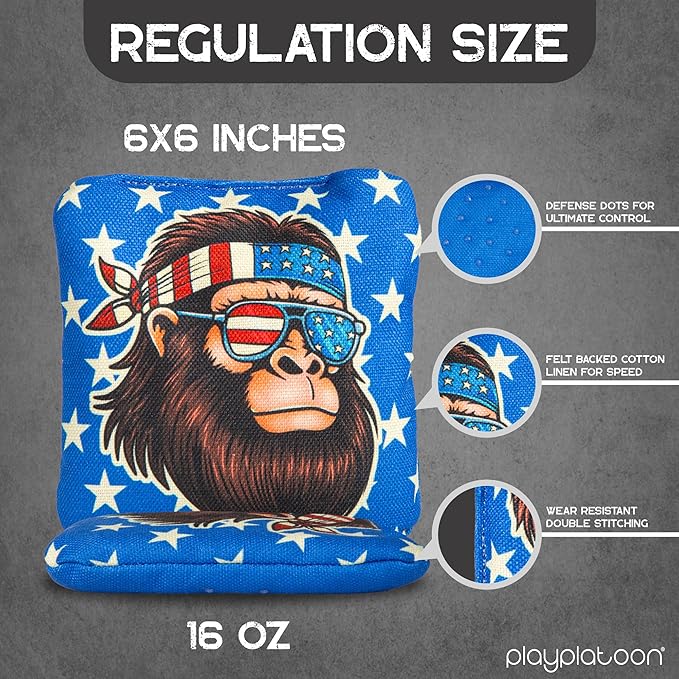 Play Platoon Competition Series Cornhole Bags Set of 8 Regulation Professional Weight Double Sided Slick and Stick with Rubber Sticky Dot Slow Side for Pro Corn Hole Bean Bag Toss Game-Designed in USA