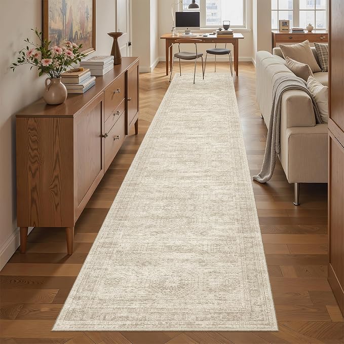 Soalmost Runner Rug 2x10 Washable Non-Slip Hallway Kitchen Runners Beige | Stain Resistant Vintage Rugs for Bathroom Laundry Room, Low Pile Foldable Floor Carpet Mat for Entryway Corridor Bedroom