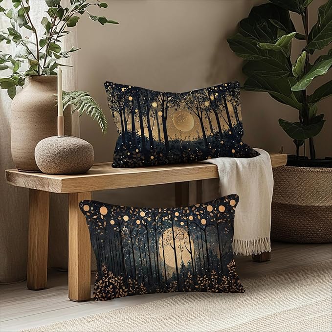 Rustic William Morris Inspired Gold Moon Pillow Covers 12x20 Set of 2,Vintage Black and Gold Moon Forest Botanical Nature Landscape Decorative Throw Pillow Covers for Home Bedroom Living Room