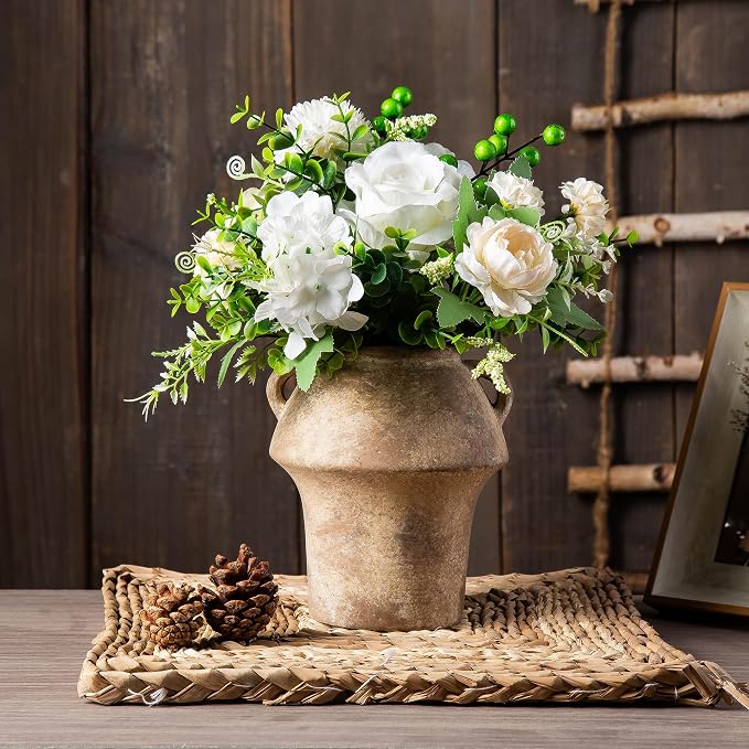 Rustice Vase for Flowers, 7in Decorative Farmhouse Vases for Pampas Grass, Vintage vase for Centerpieces, Terracotta Wide Open Vases with Handle, Unique Ceramic Vase by Lyeec