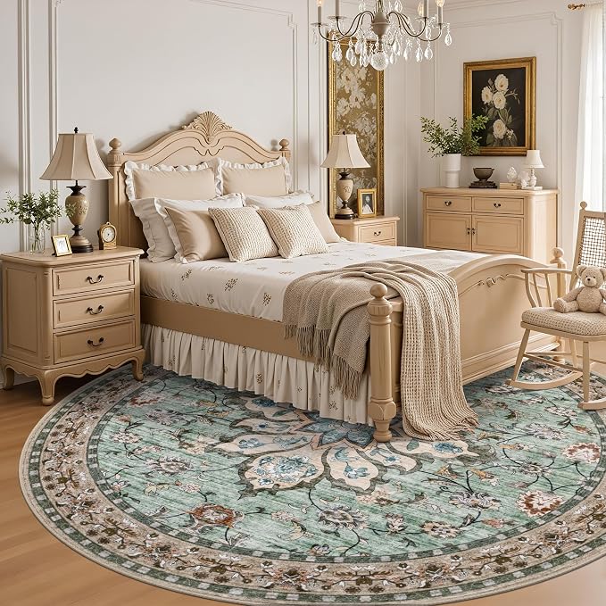 Round Area Rug for Living Room: 4 ft Washable Vintage Boho Soft Thin Circle Rug Indoor Floor No Slip Stain Resistant Carpet for Bedroom Dining Room Farmhouse Nursery Home Office - Brown Green