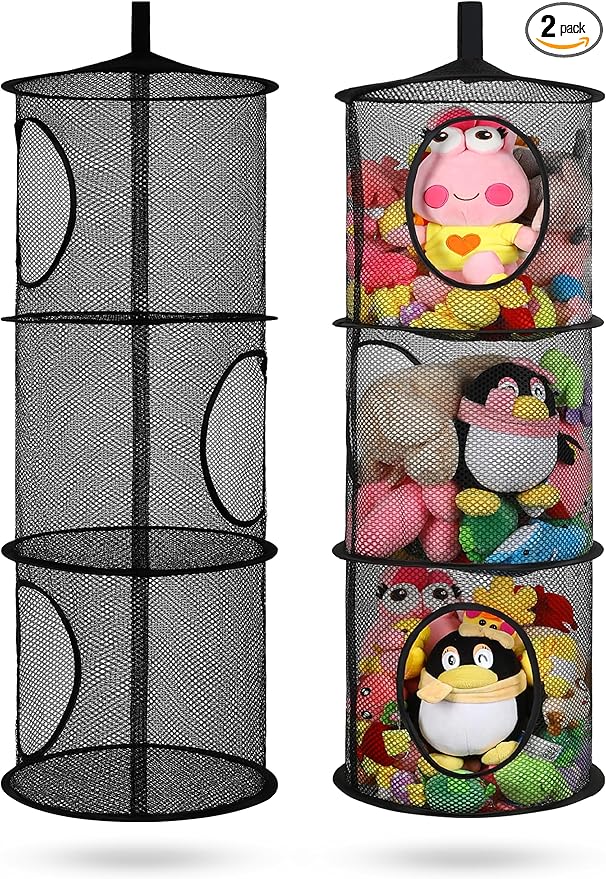 2Pcs Stuffed Animal Storage Foldable Stuffed Animal Net or Hammock Organizer, 3 Compartments Hanging Mesh Toy Storage Hammock for Kid Room Toys, Gloves, Hats, Socks(Black)